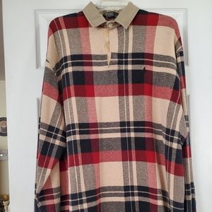 Mens pullover shirt. Beige, black and red.
